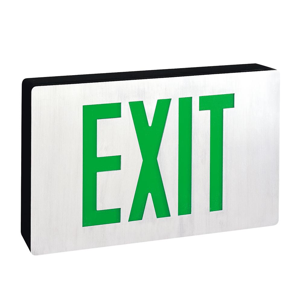 Die-Cast LED Exit Sign w/ Battery Backup, Single-Faced Aluminum w/ 6&#34; Green Letters in Black