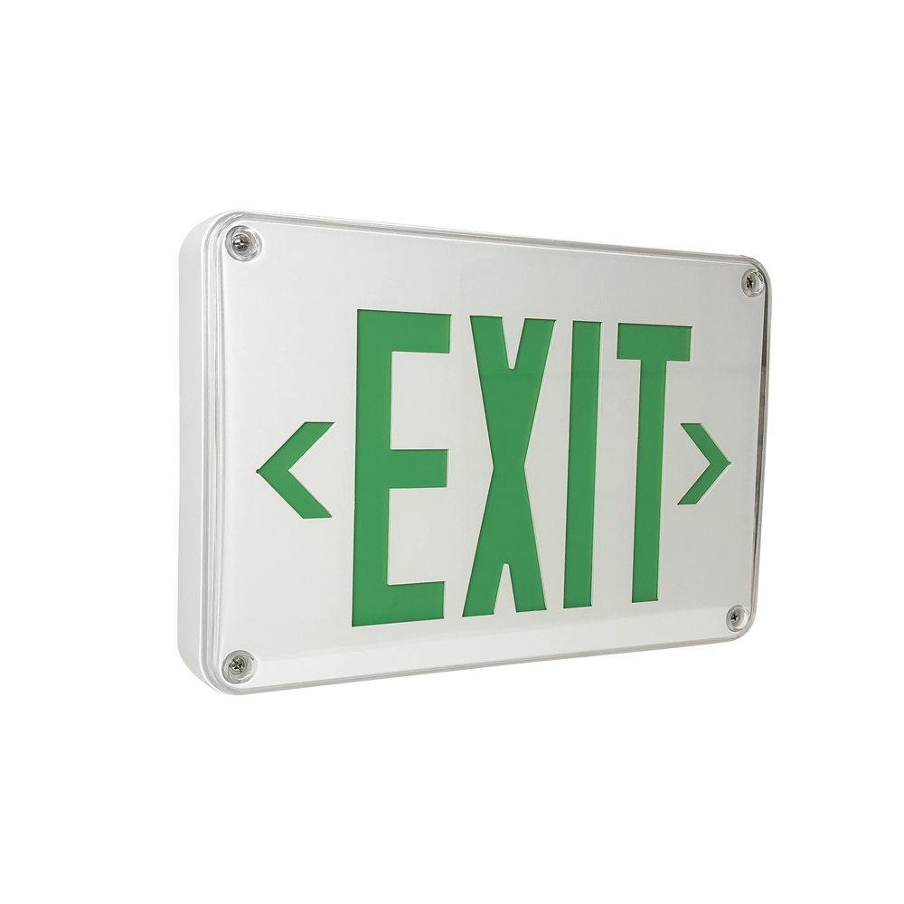 LED Self-Diagnostic Wet Location Exit Sign w/ Battery Backup, White Housing w/ 6&#34; Green Letters