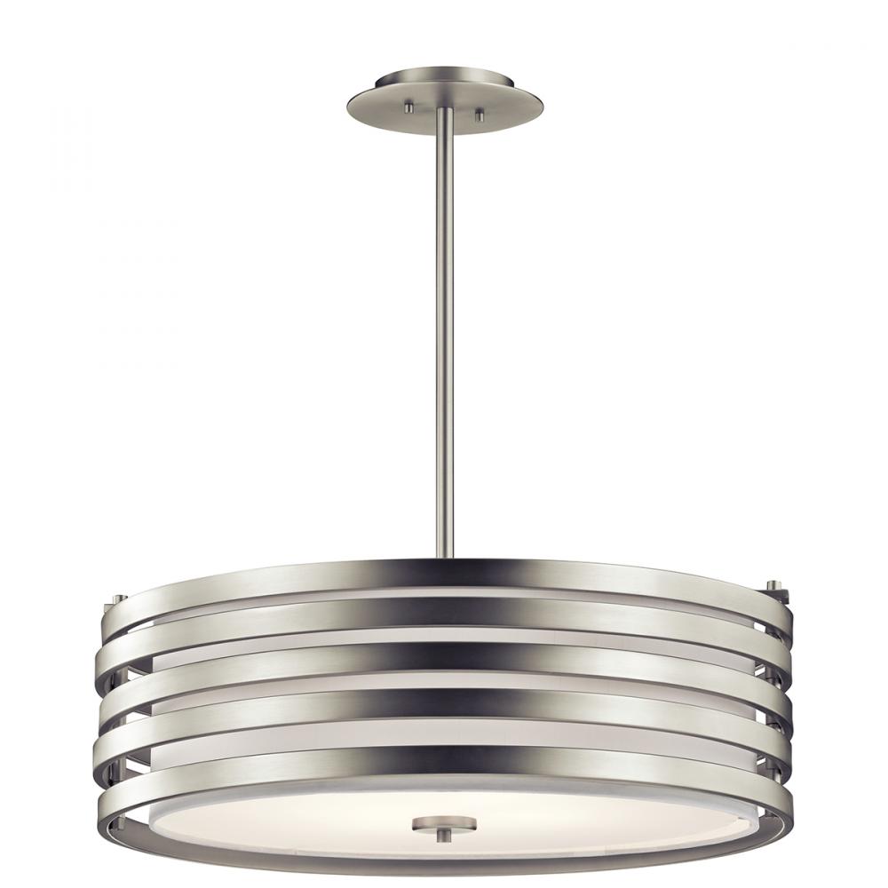 Roswell 9&#34; 4 Light Pendant with Satin Etched Diffuser and Off White Linen Shade in Brushed Nicke