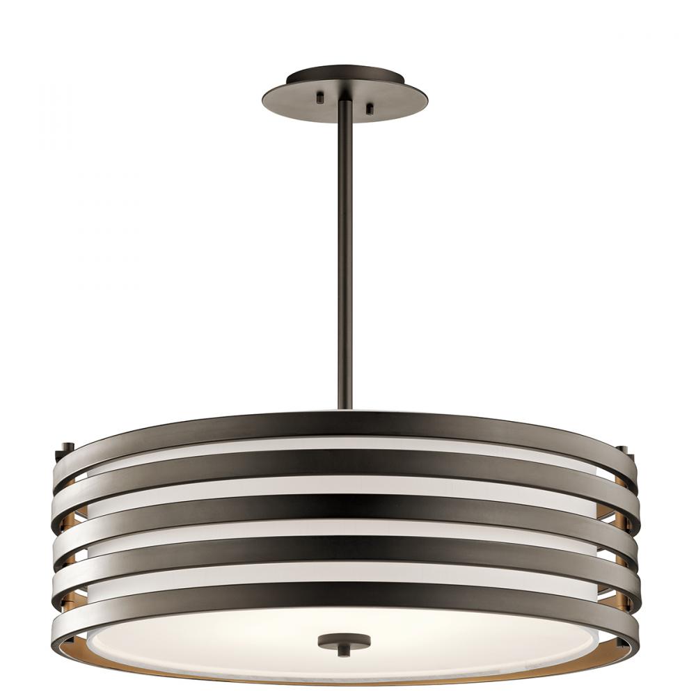 Roswell 9&#34; 4 Light Pendant with Satin Etched Diffuser and Off White Linen Shade in Olde Bronze
