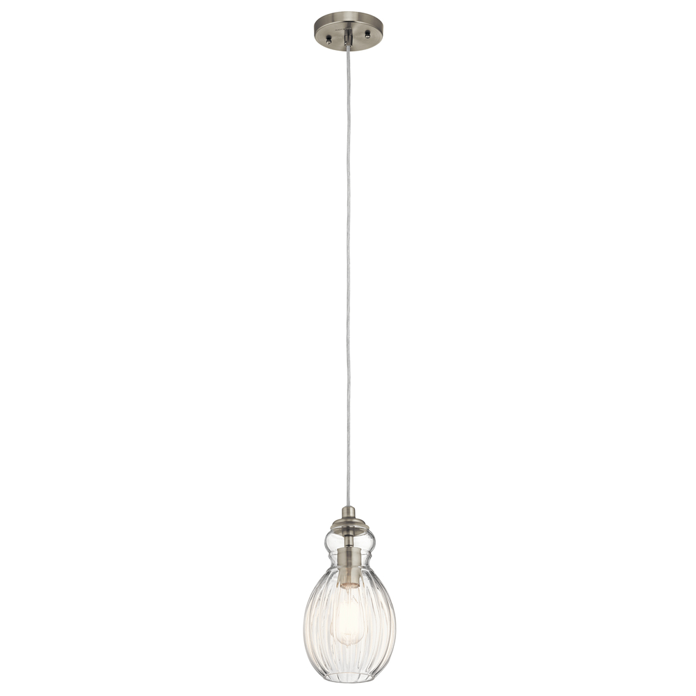 Riviera 11.25&#34; 1 Light Pendant with Clear Ribbed Glass in Brushed Nickel