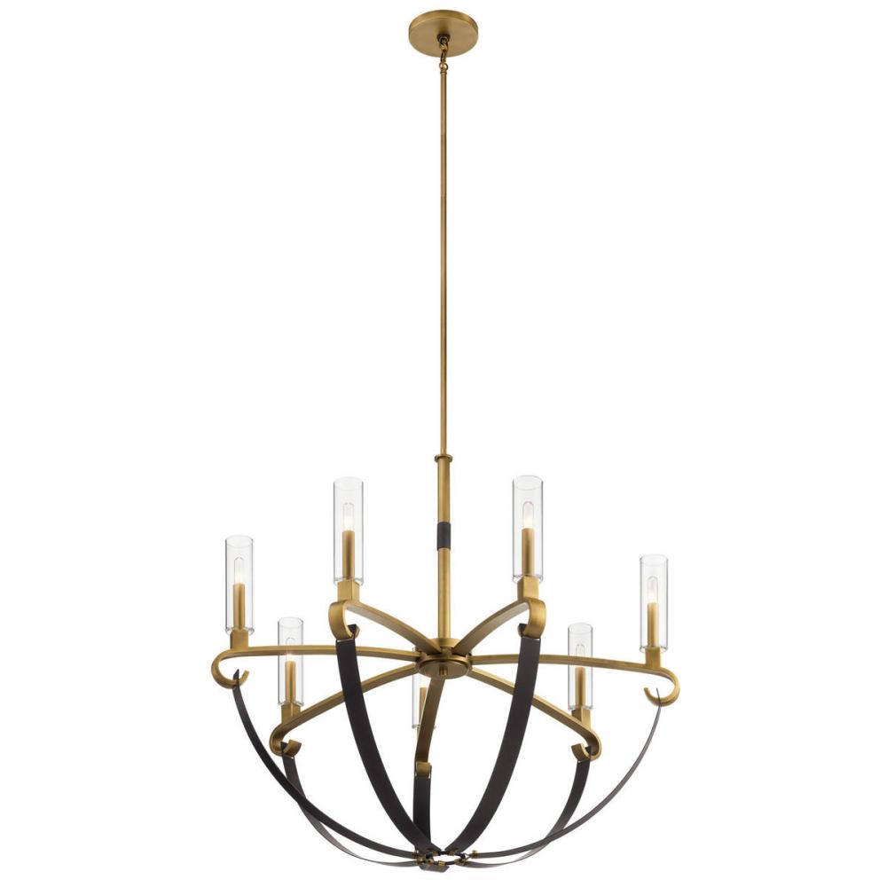 Artem 34&#34; 7 Light Chandelier with Clear Glass Cylinders in Natural Brass