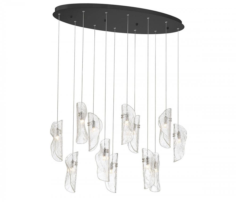 Sorrento, 12 Light Oval LED Chandelier, Clear, Black Canopy