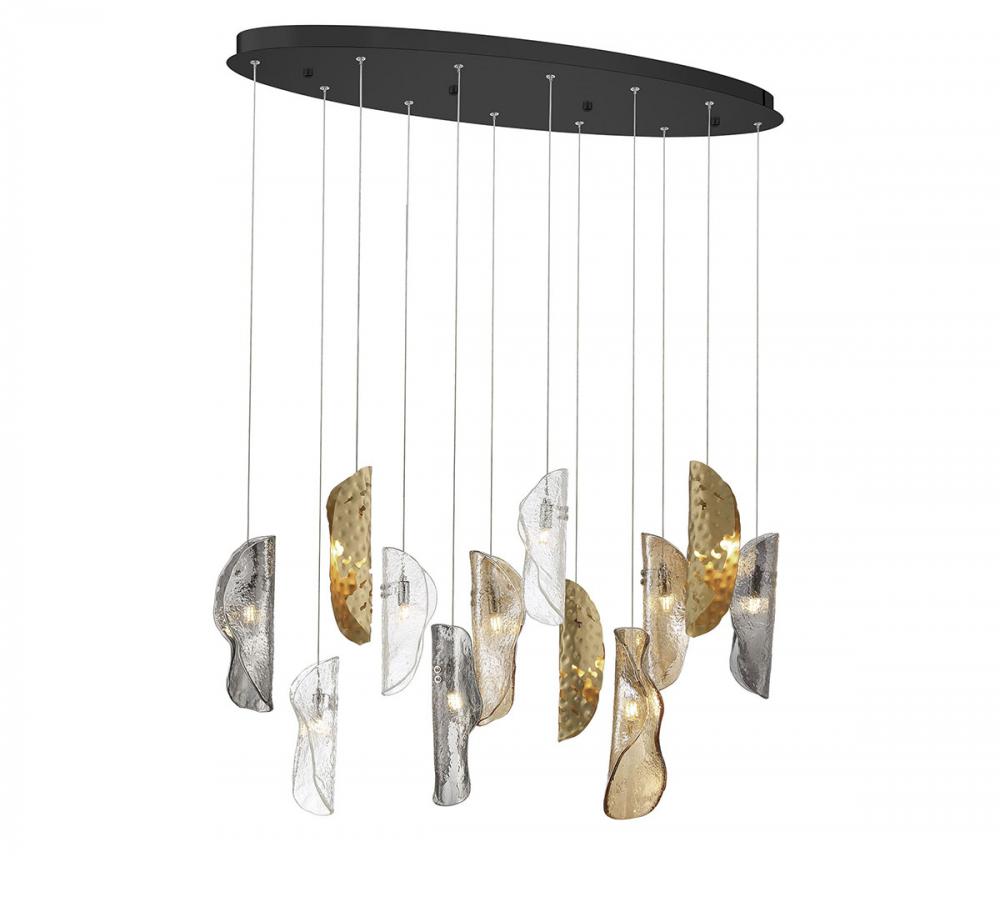 Sorrento, 12 Light Oval LED Chandelier, Mixed with Copper Leaf, Black Canopy