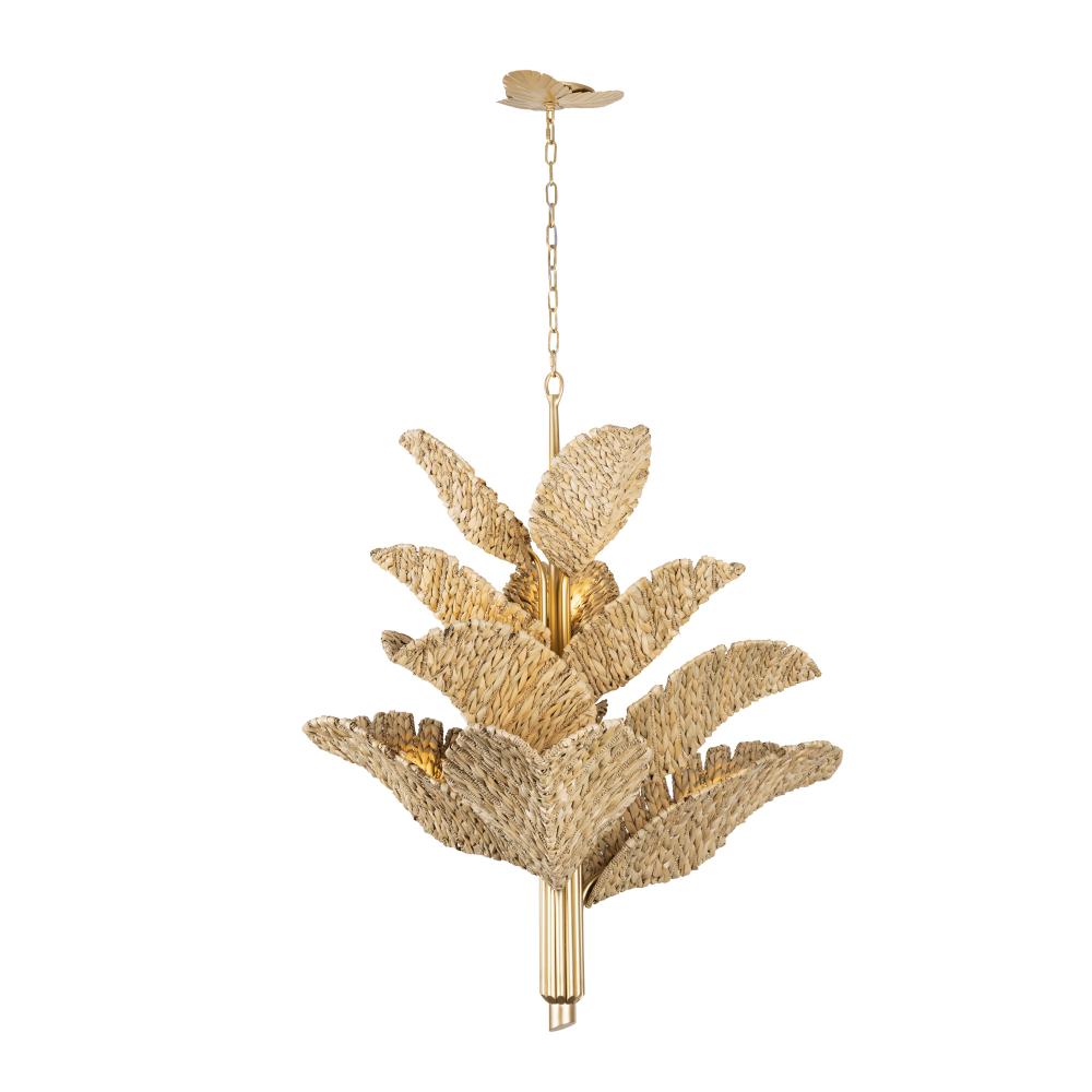 Banana Leaf 12-Lt Chandelier - French Gold/Natural Seagrass