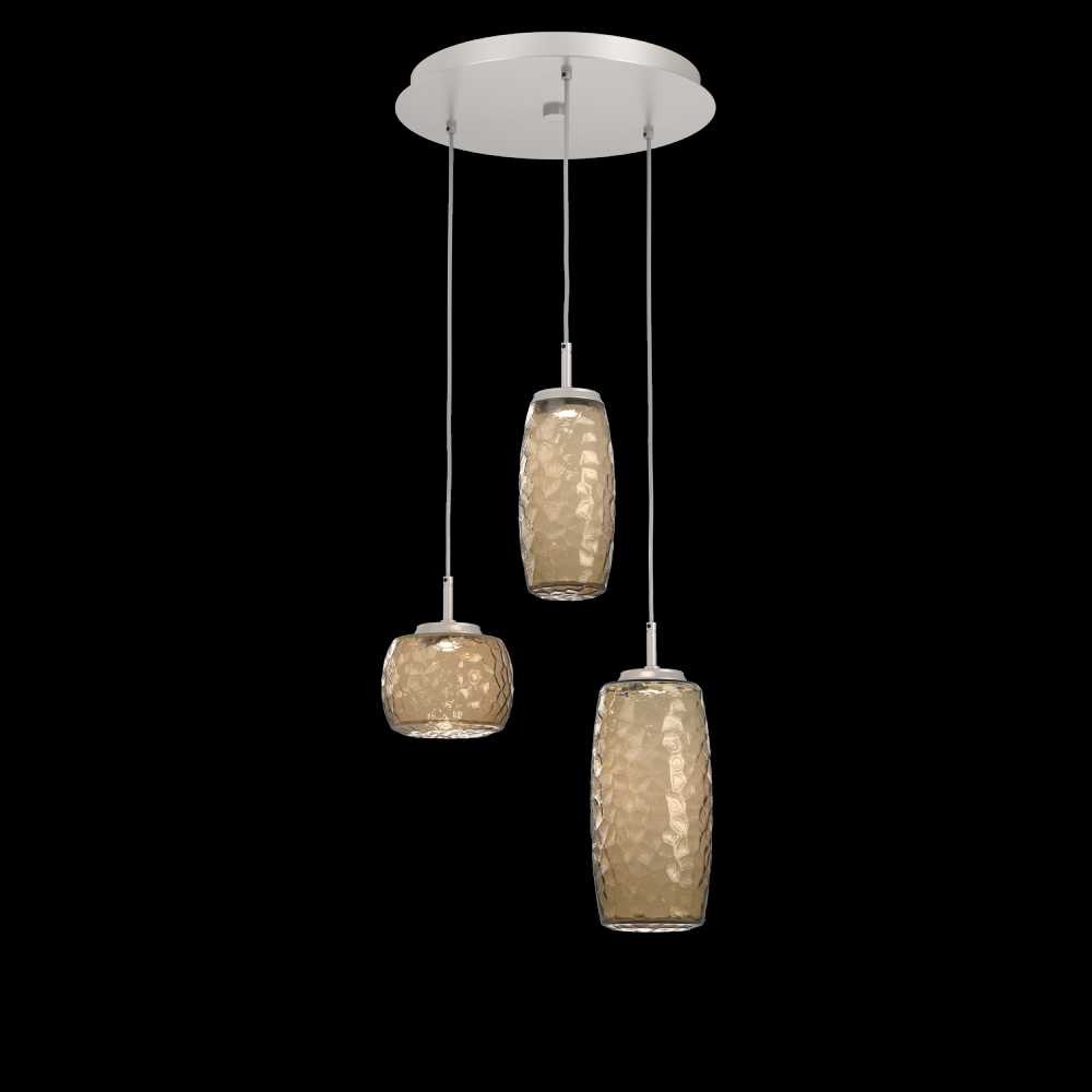 Vessel 3pc Round Multi-Pendant-Beige Silver-Bronze Blown Glass-Cloth Braided Cord-LED 2700K