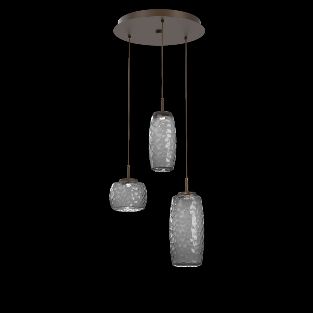 Vessel 3pc Round Multi-Pendant-Flat Bronze-Smoke Blown Glass-Cloth Braided Cord-LED 2700K