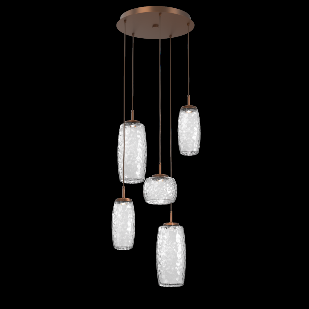 Vessel 5pc Round Multi-Pendant-Burnished Bronze-Clear Blown Glass-Cloth Braided Cord-LED 2700K
