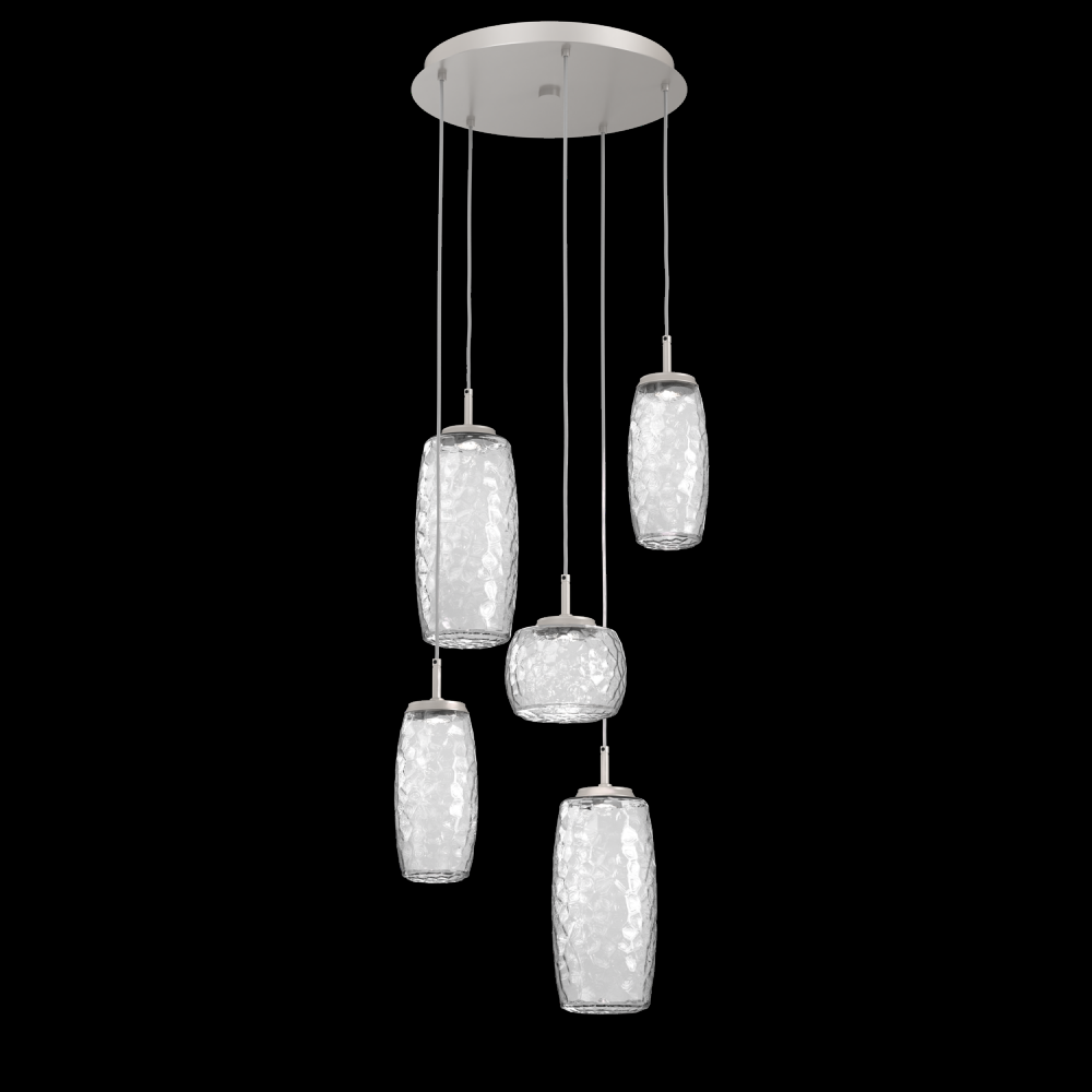 Vessel 5pc Round Multi-Pendant-Beige Silver-Clear Blown Glass-Cloth Braided Cord-LED 2700K