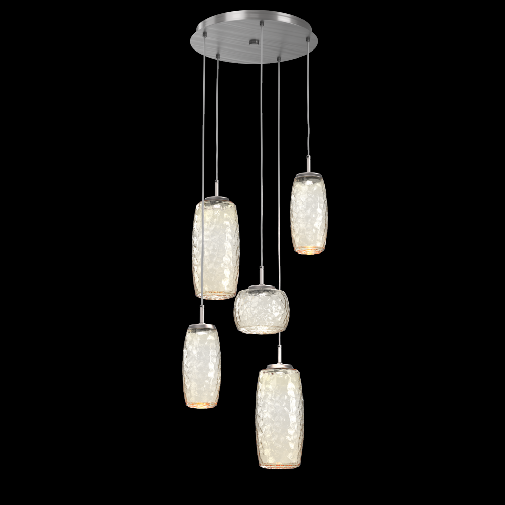 Vessel 5pc Round Multi-Pendant-Satin Nickel-Amber Blown Glass-Cloth Braided Cord-LED 2700K