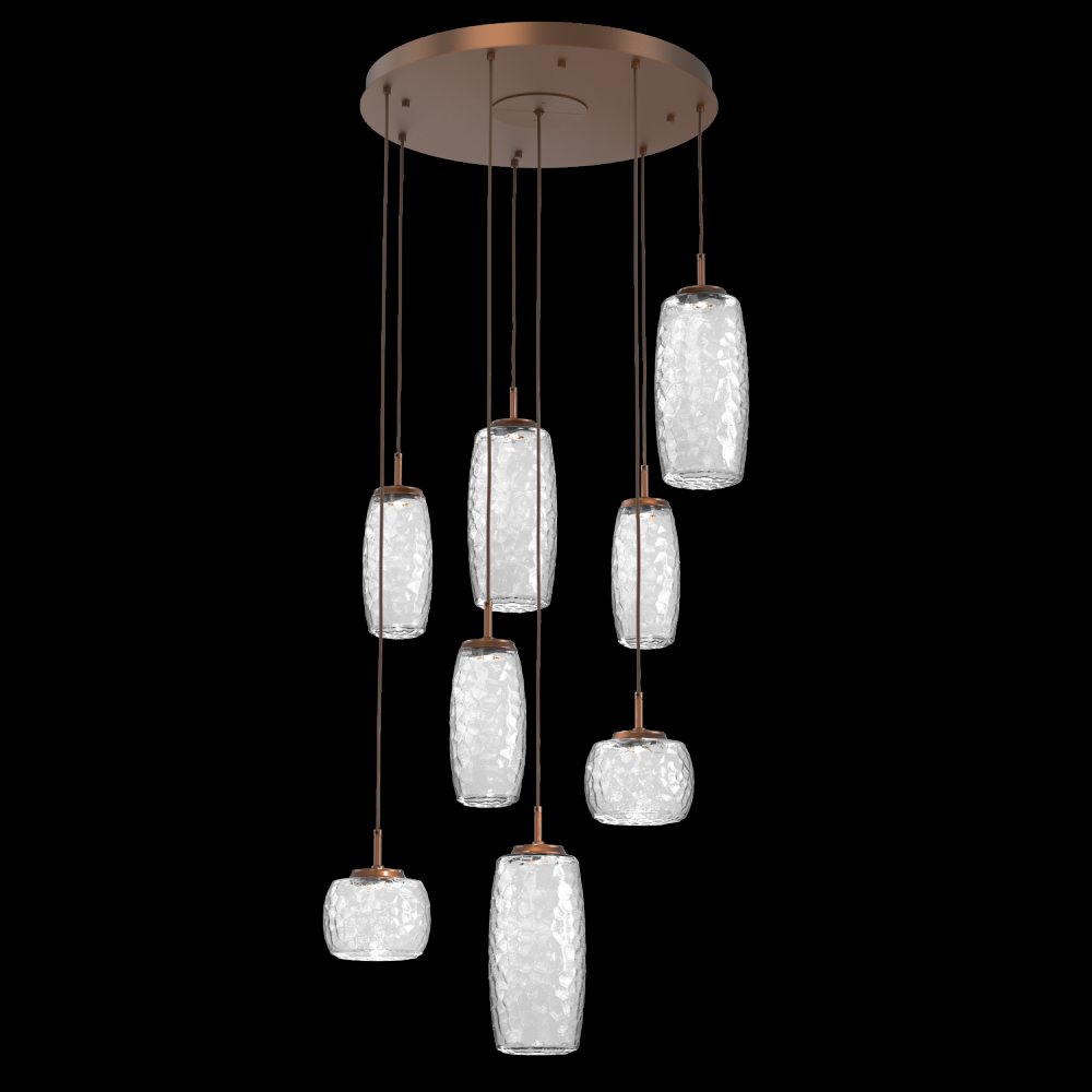 Vessel 8pc Round Multi-Pendant-Burnished Bronze-Clear Blown Glass-Cloth Braided Cord-LED 2700K