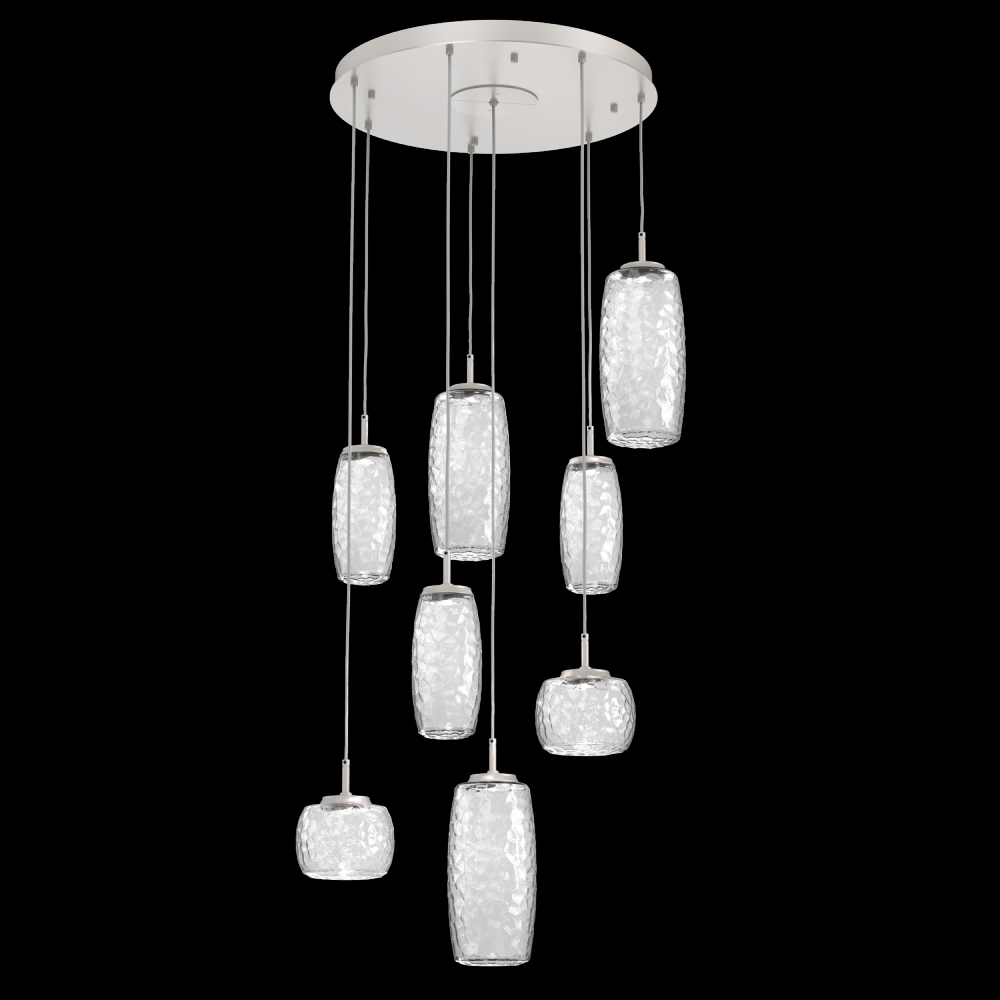 Vessel 8pc Round Multi-Pendant-Beige Silver-Clear Blown Glass-Cloth Braided Cord-LED 2700K