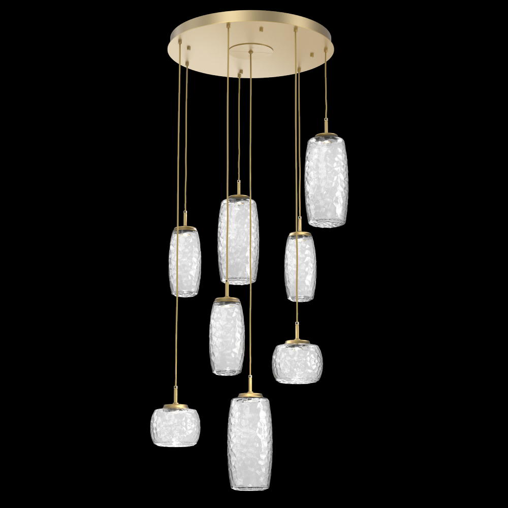 Vessel 8pc Round Multi-Pendant-Gilded Brass-Clear Blown Glass-Cloth Braided Cord-LED 2700K