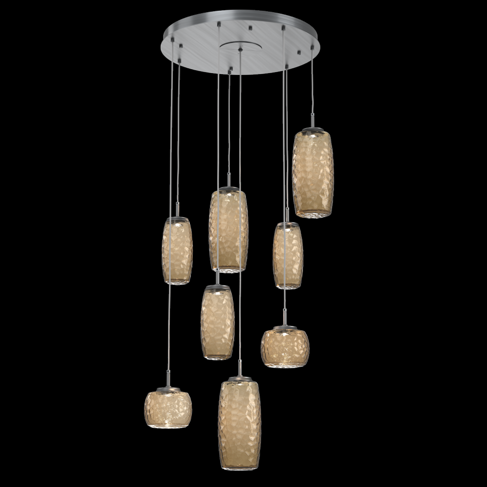 Vessel 8pc Round Multi-Pendant-Gunmetal-Bronze Blown Glass-Cloth Braided Cord-LED 2700K