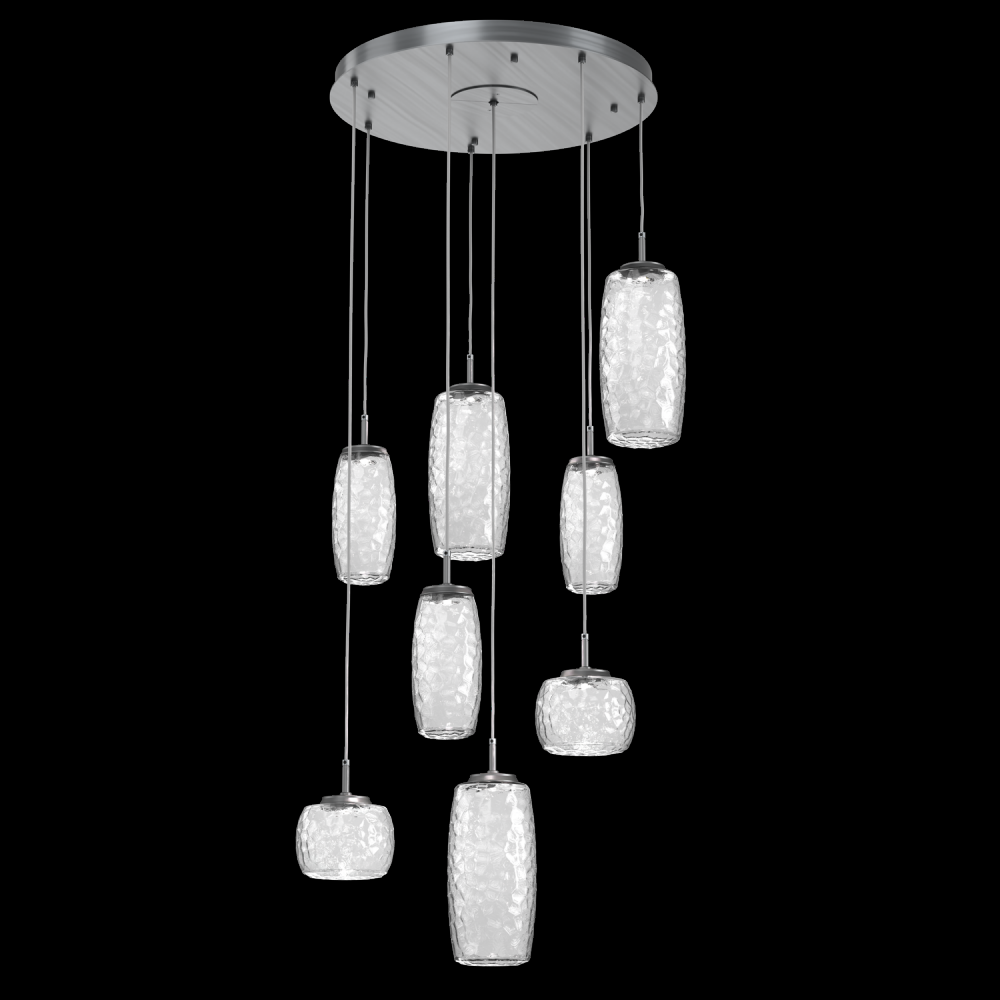 Vessel 8pc Round Multi-Pendant-Gunmetal-Clear Blown Glass-Cloth Braided Cord-LED 2700K