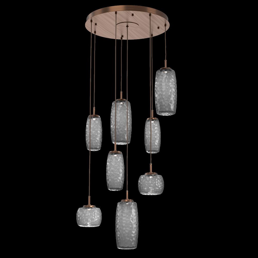 Vessel 8pc Round Multi-Pendant-Oil Rubbed Bronze-Smoke Blown Glass-Cloth Braided Cord-LED 2700K