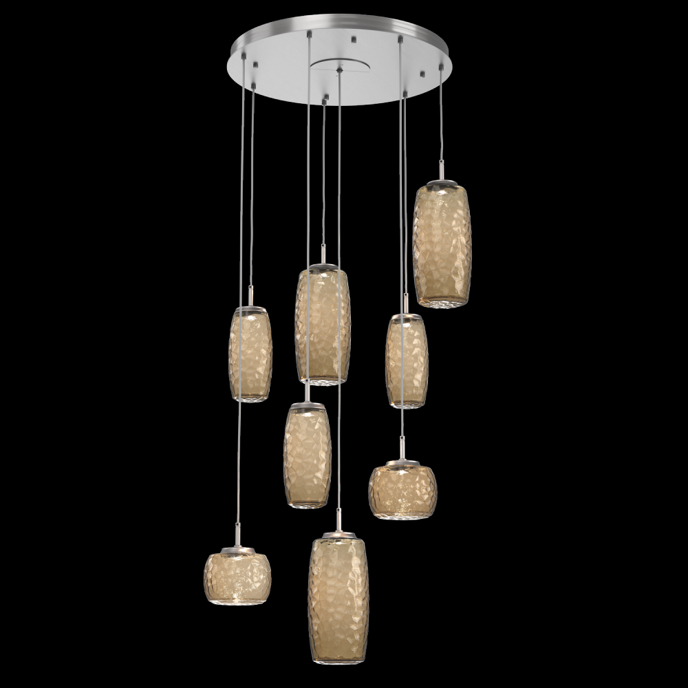 Vessel 8pc Round Multi-Pendant-Satin Nickel-Bronze Blown Glass-Cloth Braided Cord-LED 2700K