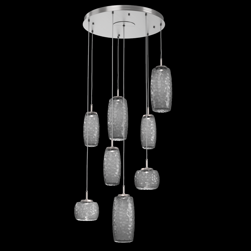 Vessel 8pc Round Multi-Pendant-Satin Nickel-Smoke Blown Glass-Cloth Braided Cord-LED 3000K