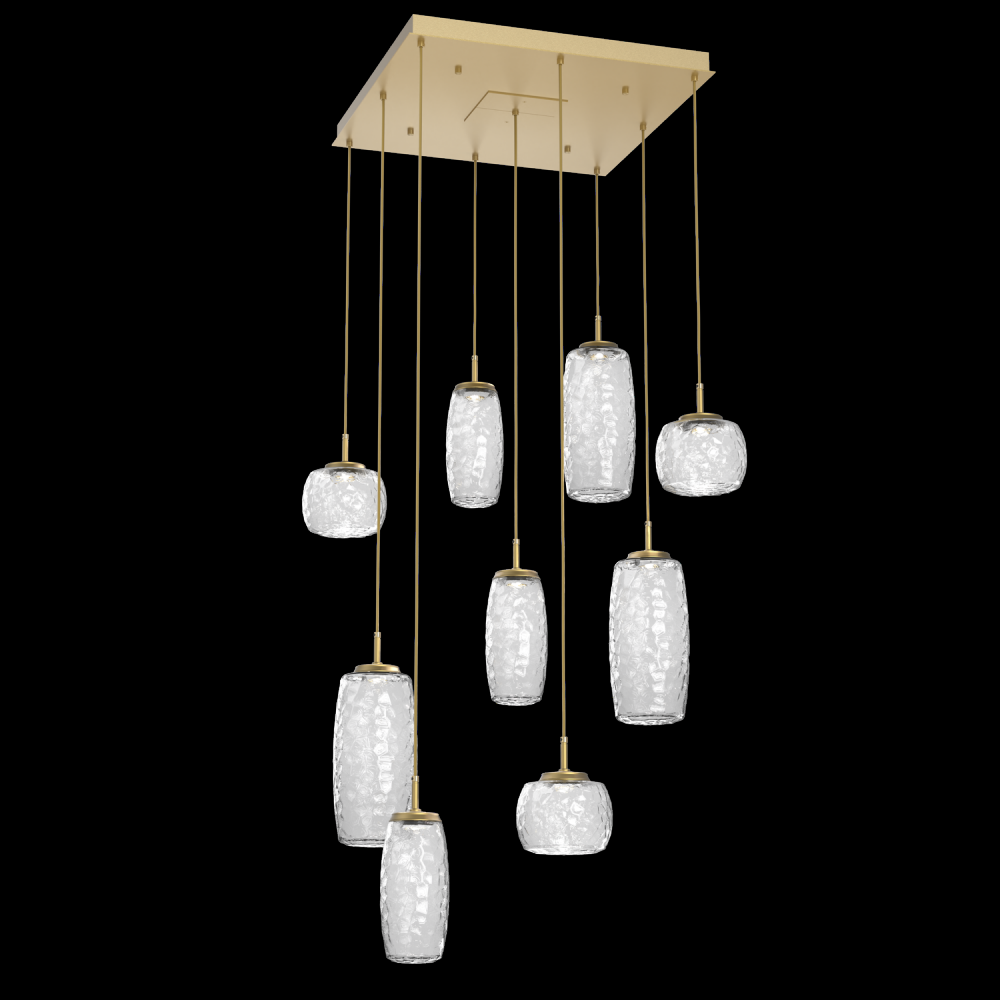 Vessel 9pc Square Multi-Pendant-Gilded Brass-Clear Blown Glass-Cloth Braided Cord-LED 3000K