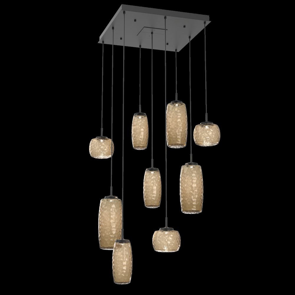 Vessel 9pc Square Multi-Pendant-Matte Black-Bronze Blown Glass-Cloth Braided Cord-LED 3000K