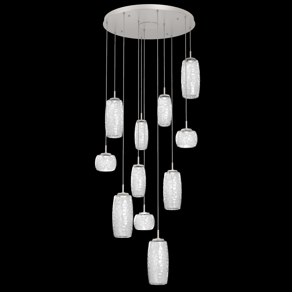 Vessel 11pc Round Multi-Pendant-Beige Silver-Clear Blown Glass-Cloth Braided Cord-LED 2700K