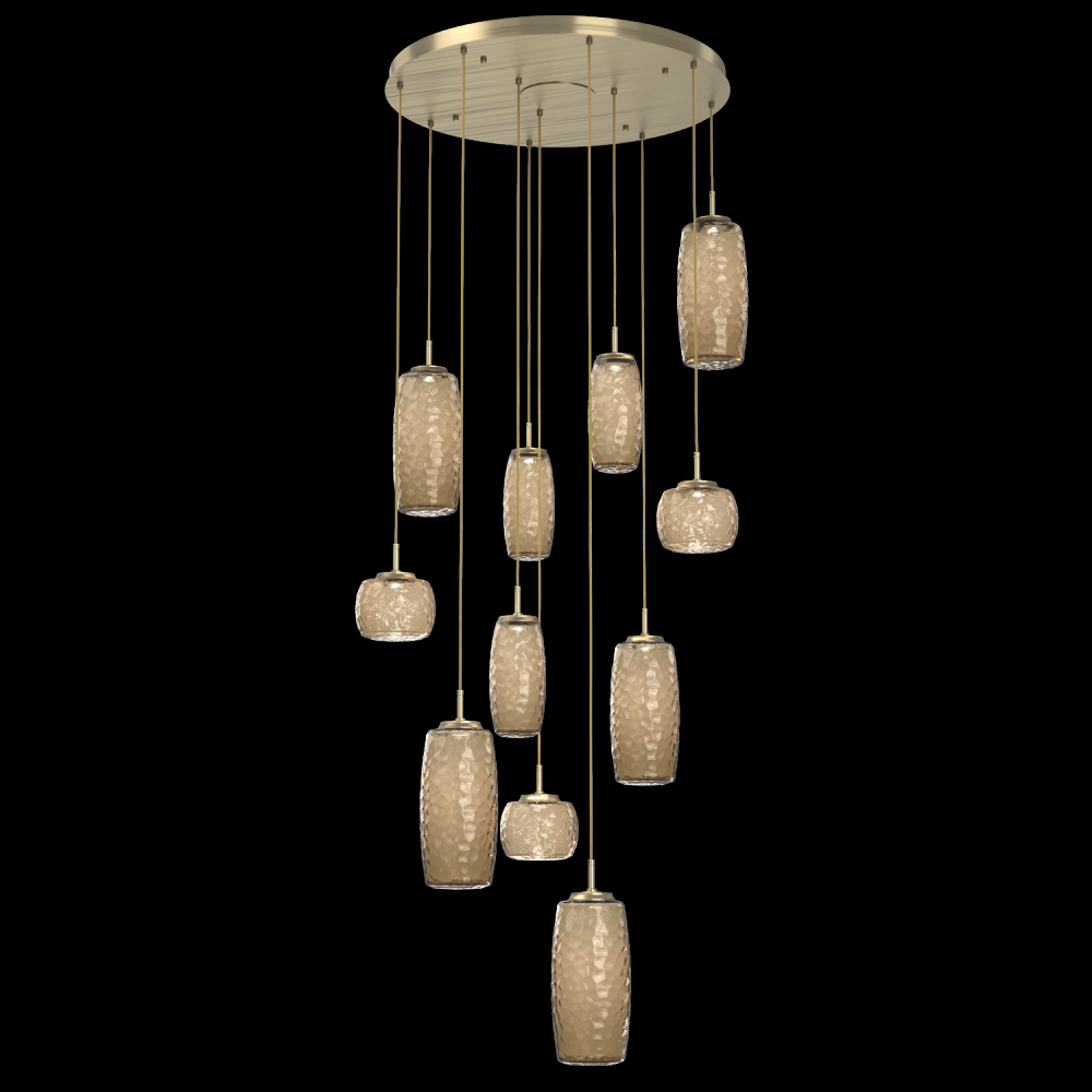 Vessel 11pc Round Multi-Pendant-Heritage Brass-Bronze Blown Glass-Cloth Braided Cord-LED 2700K