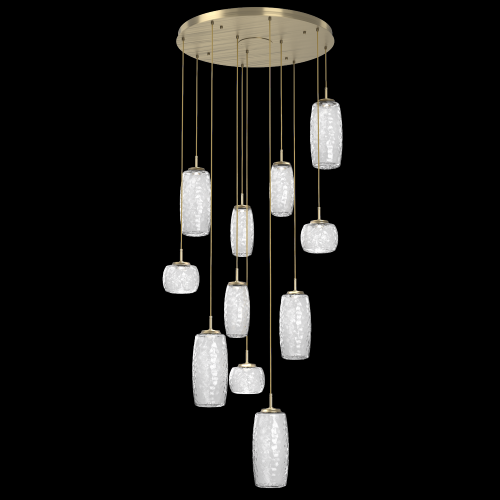 Vessel 11pc Round Multi-Pendant-Heritage Brass-Clear Blown Glass-Cloth Braided Cord-LED 2700K