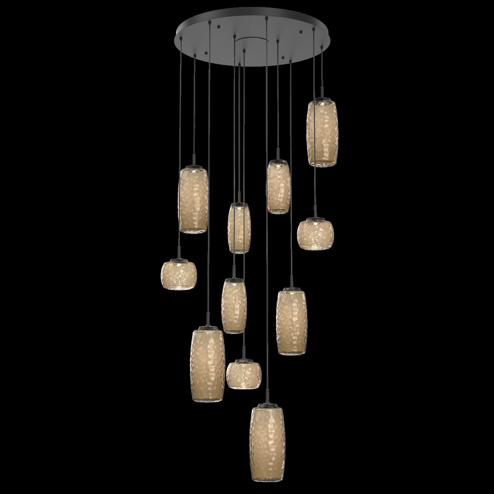 Vessel 11pc Round Multi-Pendant-Matte Black-Bronze Blown Glass-Cloth Braided Cord-LED 3000K