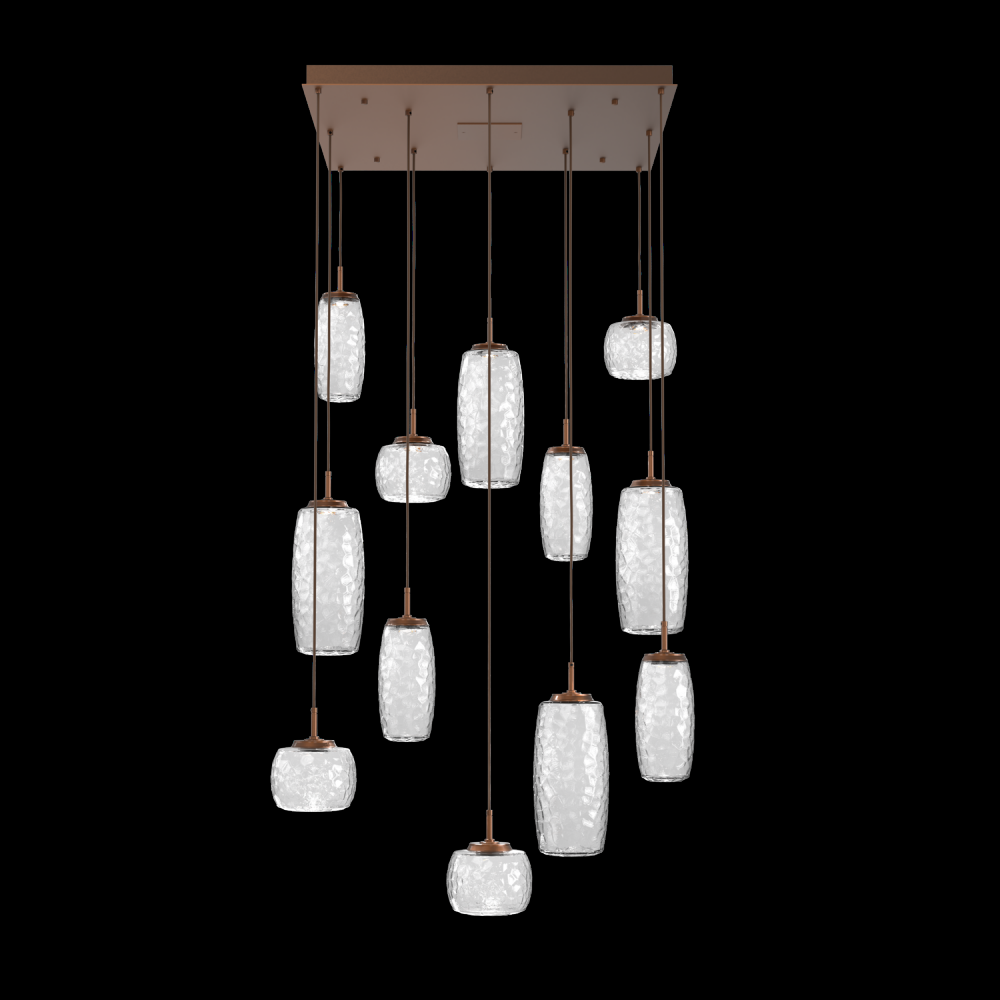 Vessel 12pc Square Multi-Pendant-Burnished Bronze-Clear Blown Glass-Cloth Braided Cord-LED 3000K