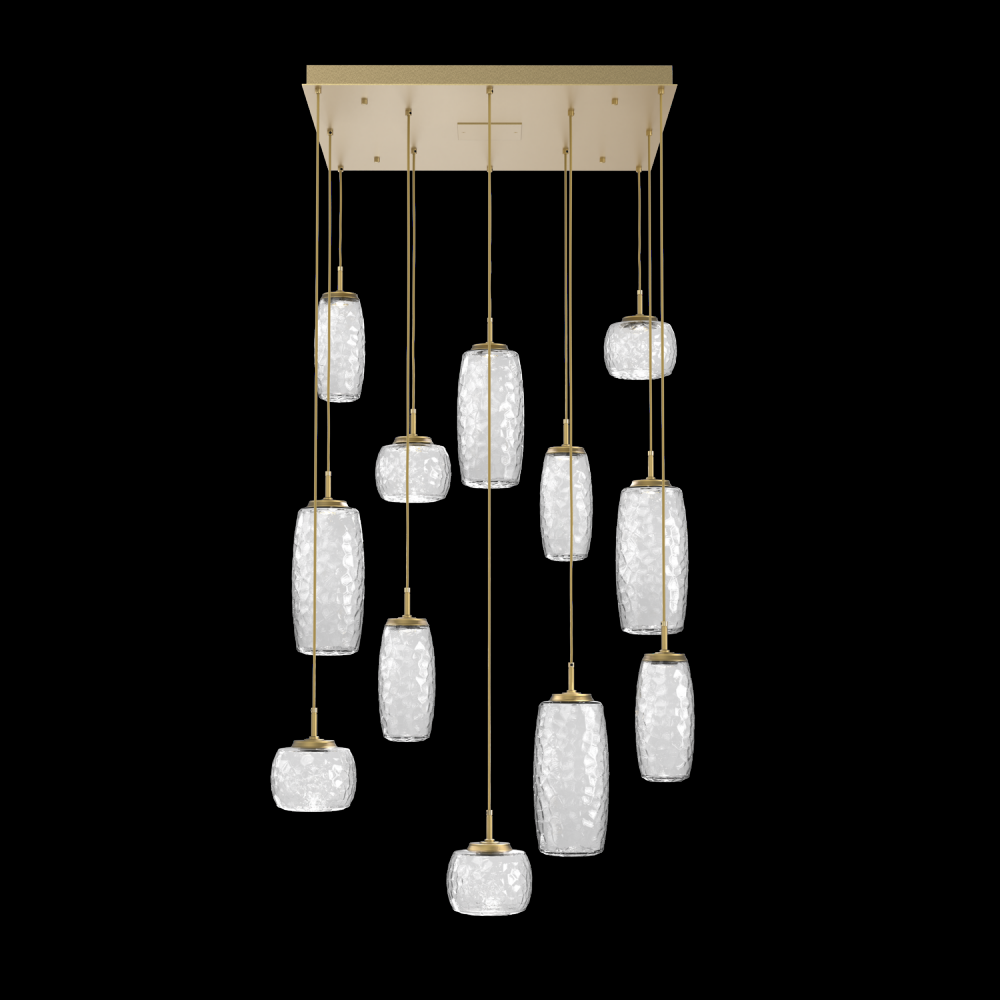 Vessel 12pc Square Multi-Pendant-Gilded Brass-Clear Blown Glass-Cloth Braided Cord-LED 2700K
