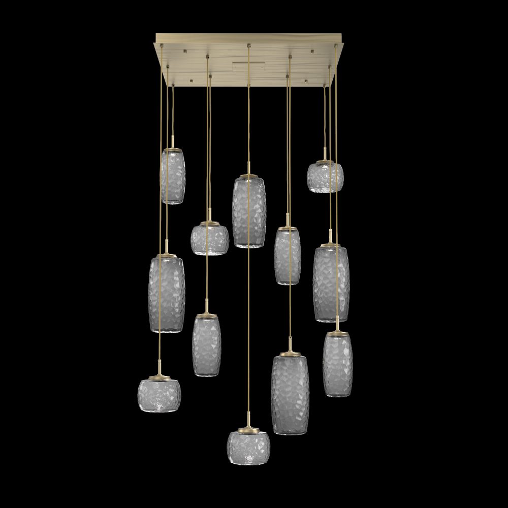 Vessel 12pc Square Multi-Pendant-Heritage Brass-Smoke Blown Glass-Cloth Braided Cord-LED 2700K