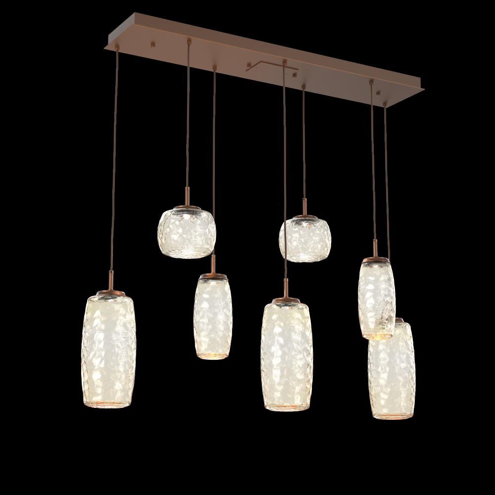 Vessel 7pc Linear Multi-Pendant-Burnished Bronze-Amber Blown Glass-Cloth Braided Cord-LED 3000K