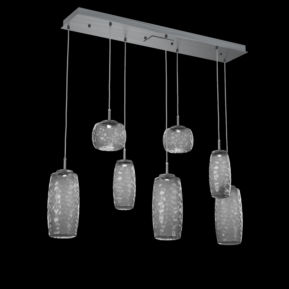 Vessel 7pc Linear Multi-Pendant-Gunmetal-Smoke Blown Glass-Cloth Braided Cord-LED 2700K