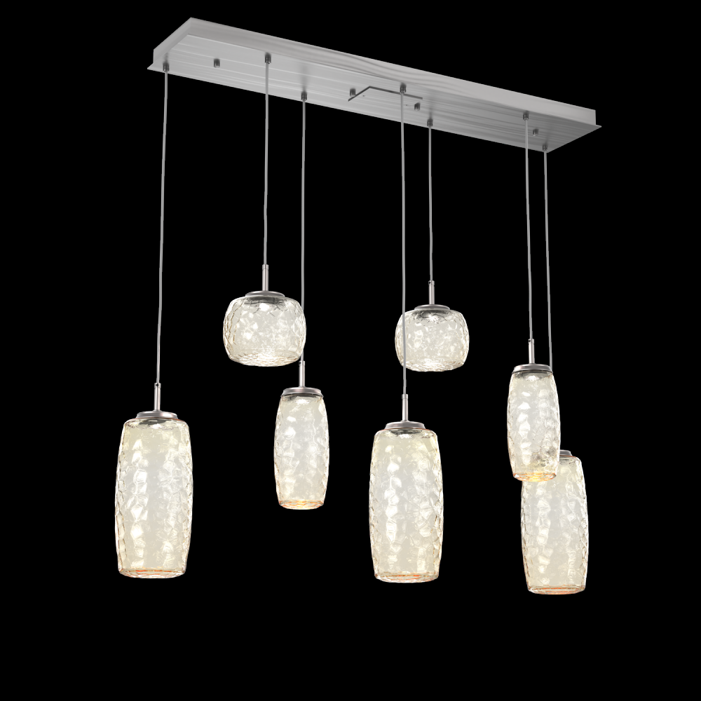 Vessel 7pc Linear Multi-Pendant-Satin Nickel-Amber Blown Glass-Cloth Braided Cord-LED 2700K