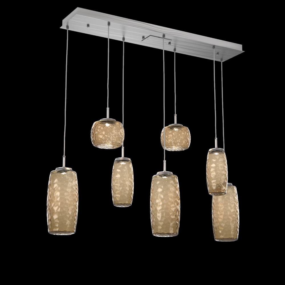 Vessel 7pc Linear Multi-Pendant-Satin Nickel-Bronze Blown Glass-Cloth Braided Cord-LED 2700K