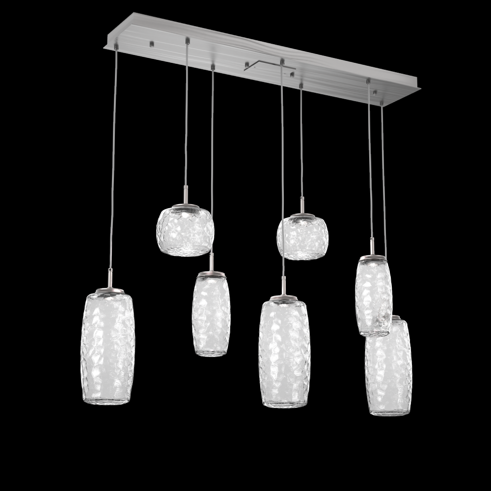 Vessel 7pc Linear Multi-Pendant-Satin Nickel-Clear Blown Glass-Cloth Braided Cord-LED 2700K