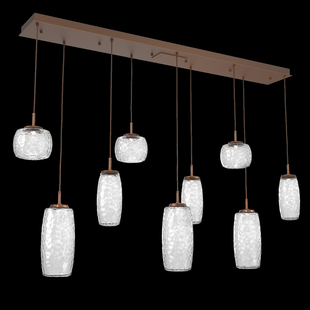 Vessel 9pc Linear Multi-Pendant-Burnished Bronze-Clear Blown Glass-Cloth Braided Cord-LED 3000K
