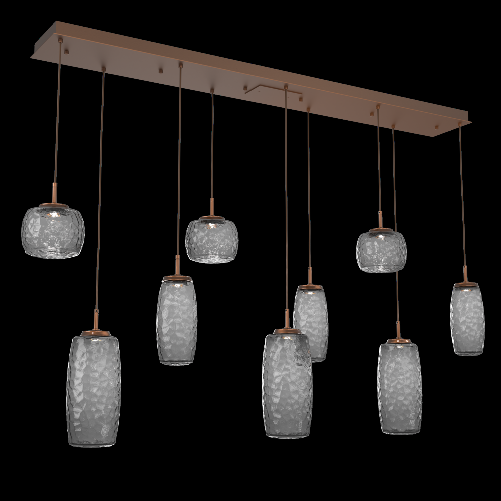 Vessel 9pc Linear Multi-Pendant-Burnished Bronze-Smoke Blown Glass-Cloth Braided Cord-LED 2700K