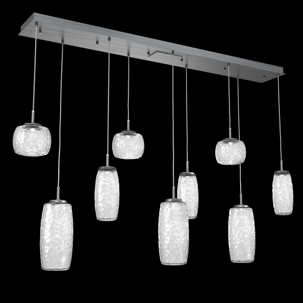 Vessel 9pc Linear Multi-Pendant-Gunmetal-Clear Blown Glass-Cloth Braided Cord-LED 2700K