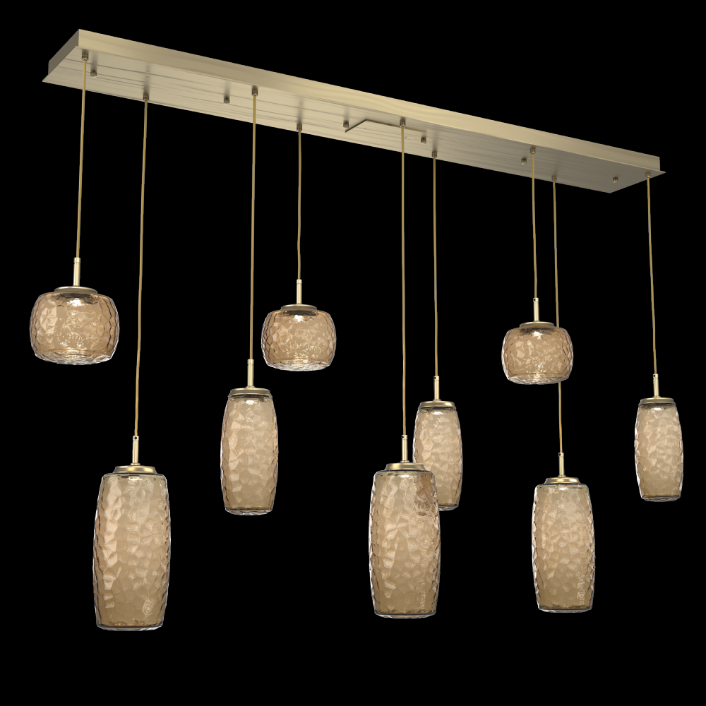 Vessel 9pc Linear Multi-Pendant-Heritage Brass-Bronze Blown Glass-Cloth Braided Cord-LED 2700K