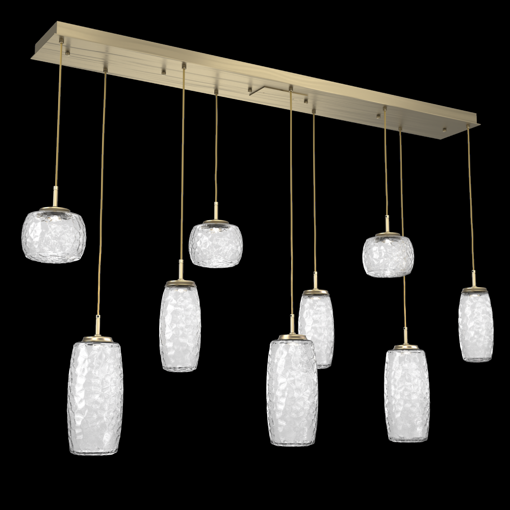 Vessel 9pc Linear Multi-Pendant-Heritage Brass-Clear Blown Glass-Cloth Braided Cord-LED 2700K