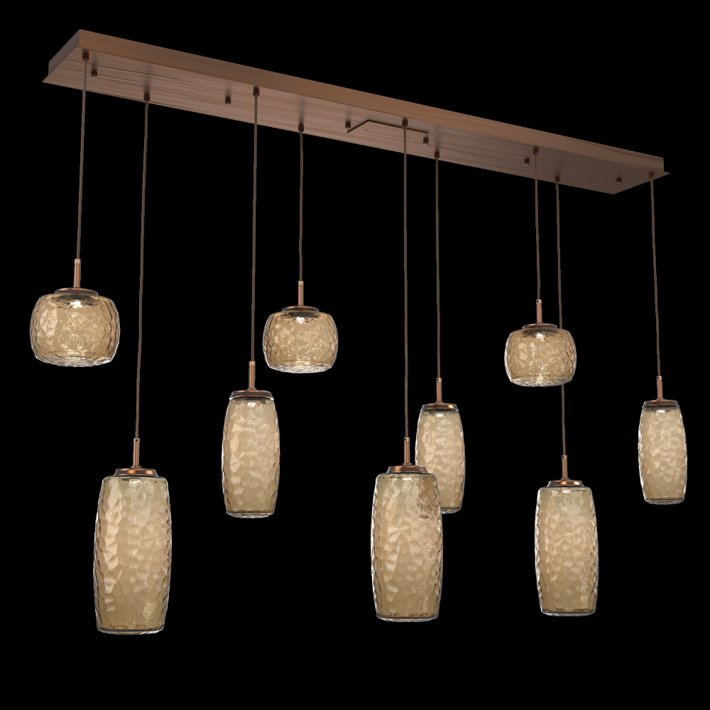 Vessel 9pc Linear Multi-Pendant-Oil Rubbed Bronze-Bronze Blown Glass-Cloth Braided Cord-LED 2700K