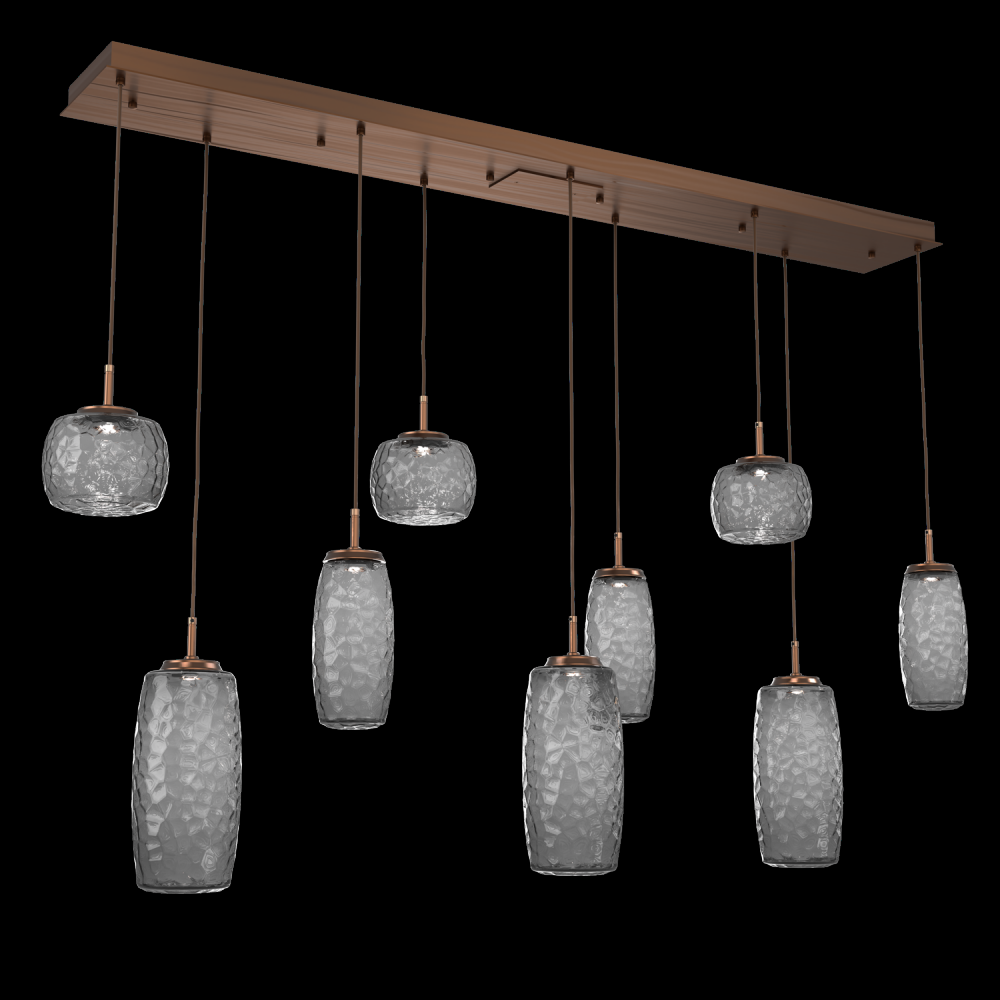 Vessel 9pc Linear Multi-Pendant-Oil Rubbed Bronze-Smoke Blown Glass-Cloth Braided Cord-LED 2700K