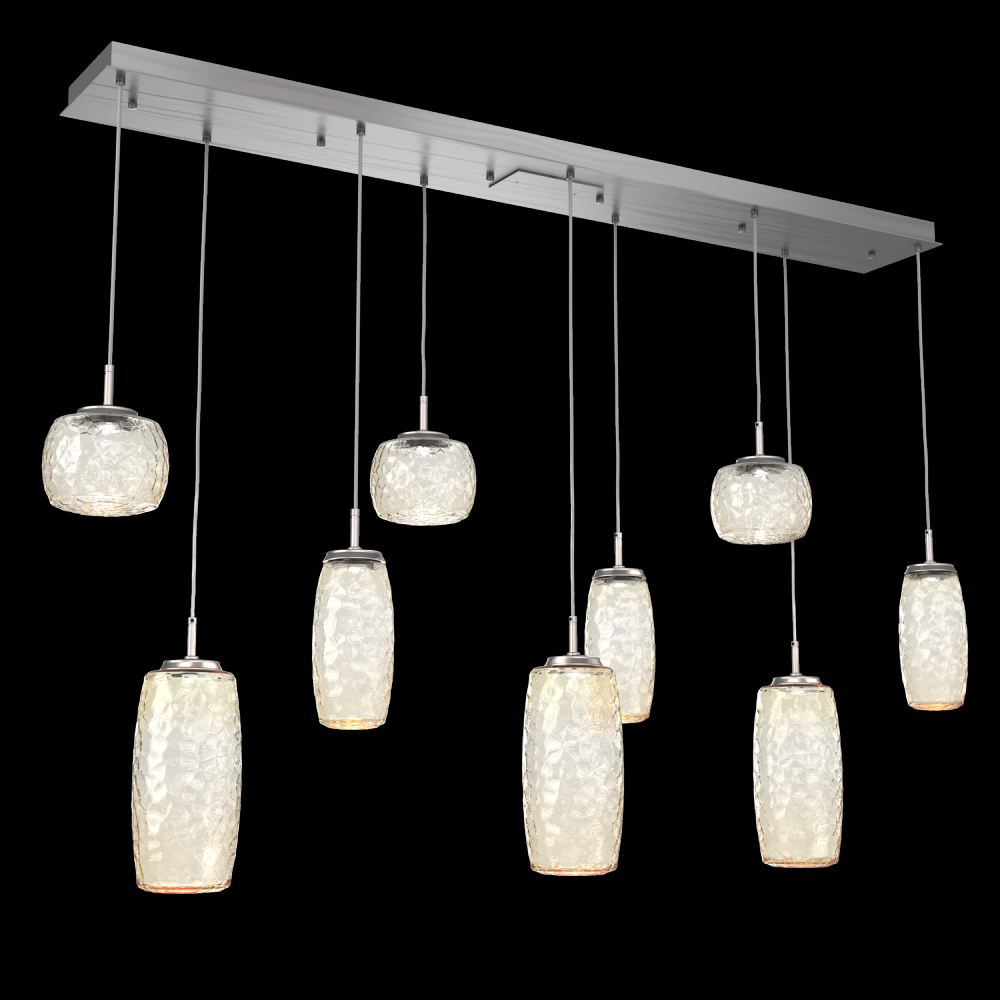 Vessel 9pc Linear Multi-Pendant-Satin Nickel-Amber Blown Glass-Cloth Braided Cord-LED 2700K