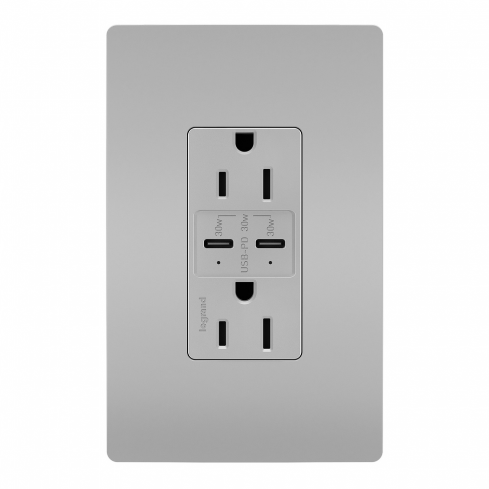 radiant? 15A Tamper Resistant Ultra Fast PLUS Power Delivery USB Type C/C Outlet, Gray