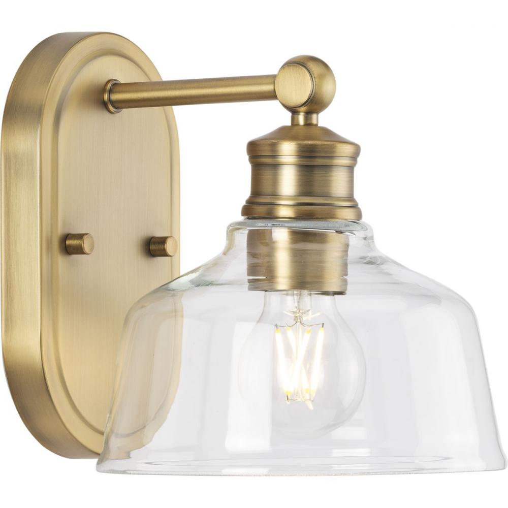 Singleton Collection One-Light 7.62&#34; Vintage Brass Farmhouse Vanity Light with Clear Glass Shade