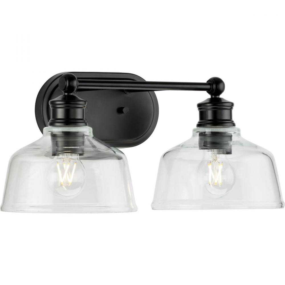 Singleton Collection Two-Light 17&#34; Matte Black Farmhouse Vanity Light with Clear Glass Shades