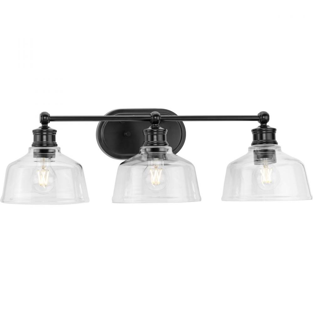 Singleton Collection Three-Light 26.5&#34; Matte Black Farmhouse Vanity Light with Clear Glass Shade