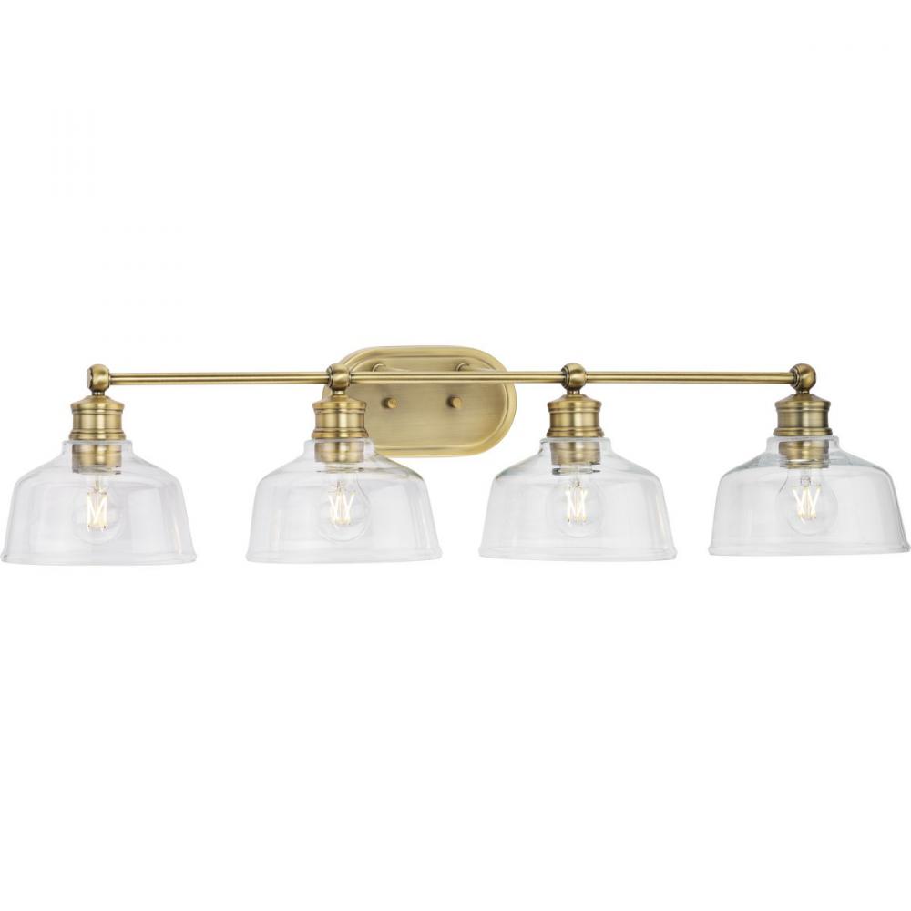 Singleton Collection Four-Light 36&#34; Vintage Brass Farmhouse Vanity Light with Clear Glass Shades