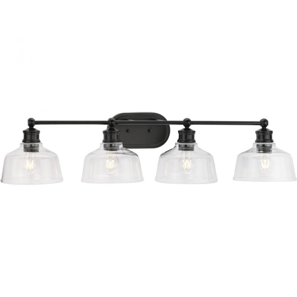 Singleton Collection Four-Light 36&#34; Matte Black Farmhouse Vanity Light with Clear Glass Shades
